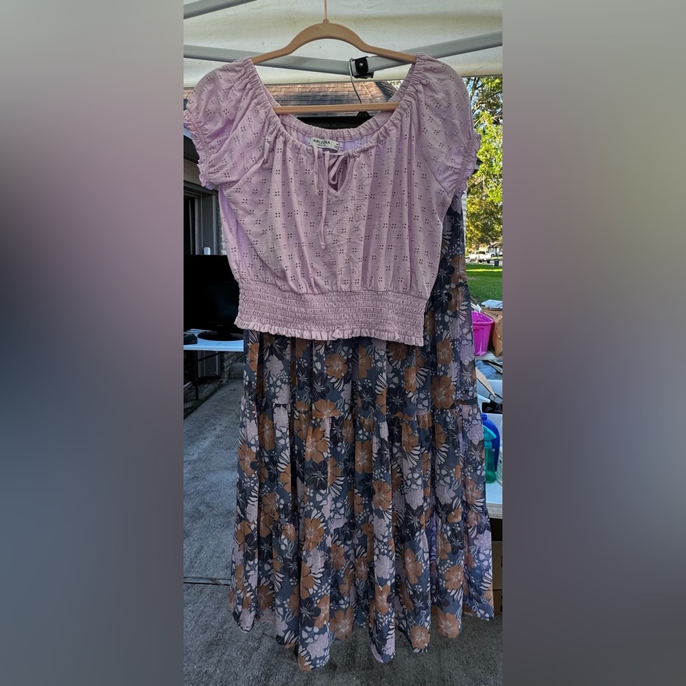 Floral midi skirt and purple top outfit